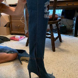 BLUE JEAN THIGH HIGH HEEL BOOTS